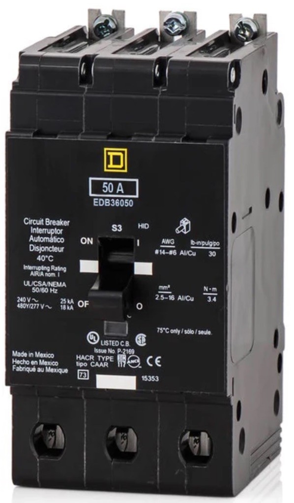 Square D EDB34050 50A 480/277V 3 Pole Circuit Breaker