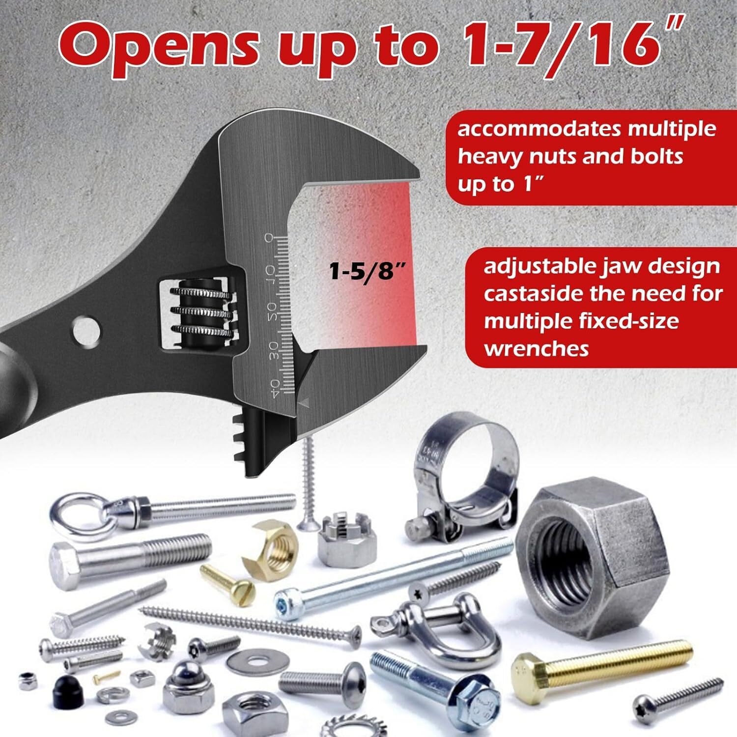 3239 16″ Extra Wide Adjustable Wrench 1‑5/8″ Opening For Nuts & Bolts Up to 1″
