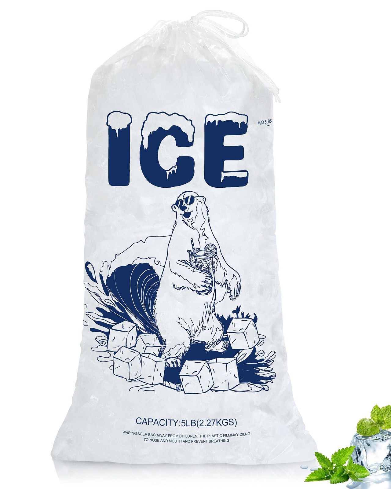 5lb Ice Bags with Drawstring – 50 Pack Reusable Heavy-Duty 50PACK, 5LB