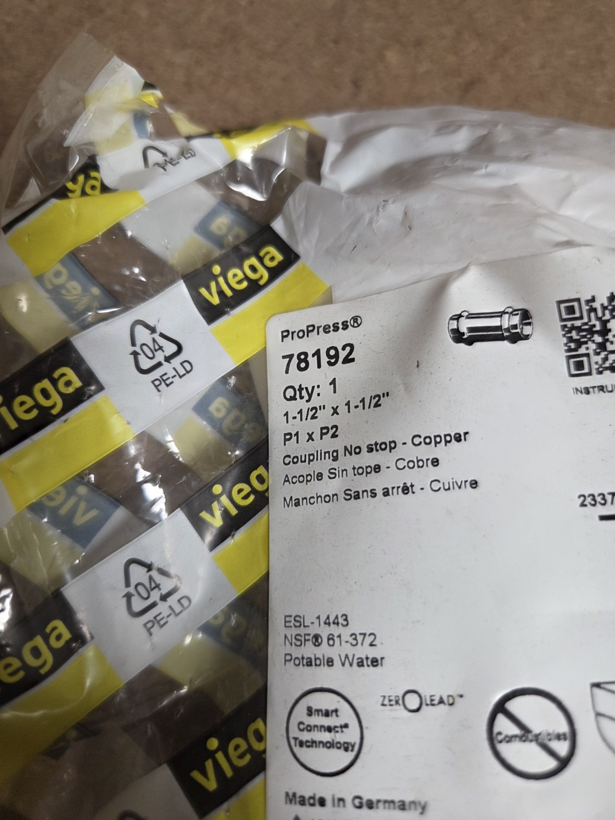 1-1/2″ Viega ProPress Copper SLIP Coupling No-Stop 78192 Pro Press