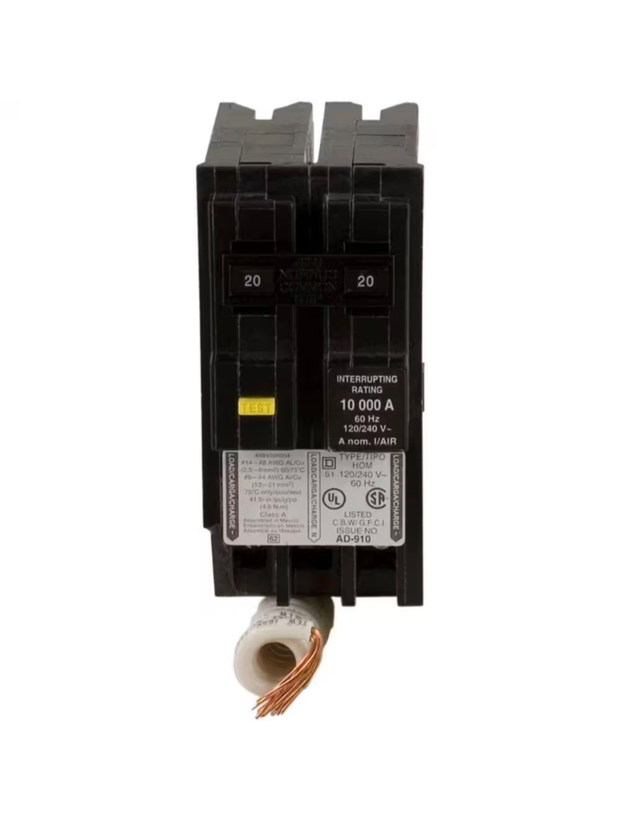Square D Homeline HOM220GFIC 20 Amp 2-Pole GFCI Circuit Breaker