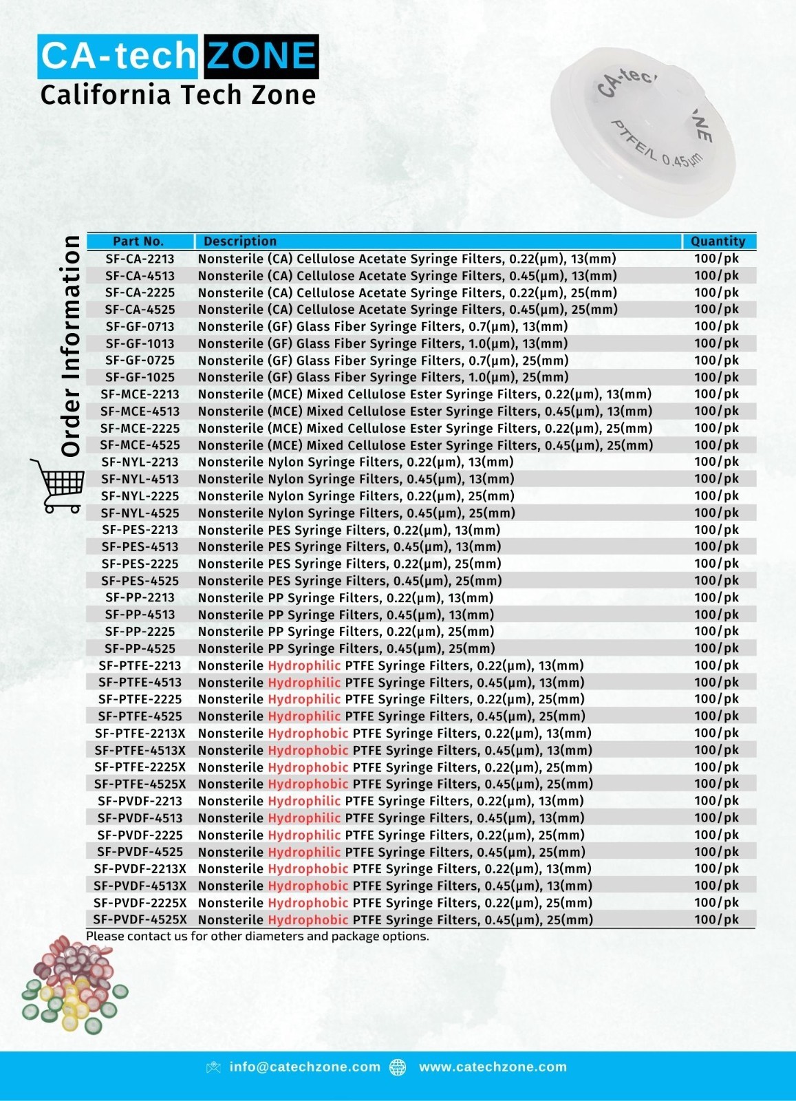 Syringe Filter (CA) Cellulose Acetate Nonsteril,0.45μm,25mm(100/pk) CA-tech ZONE