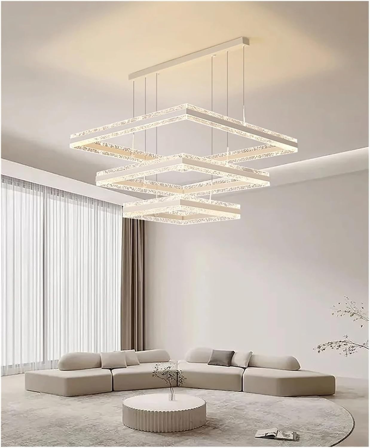 3-Ring Square LED Chandelier Modern Ceiling Light Remote Dimmable Fixture