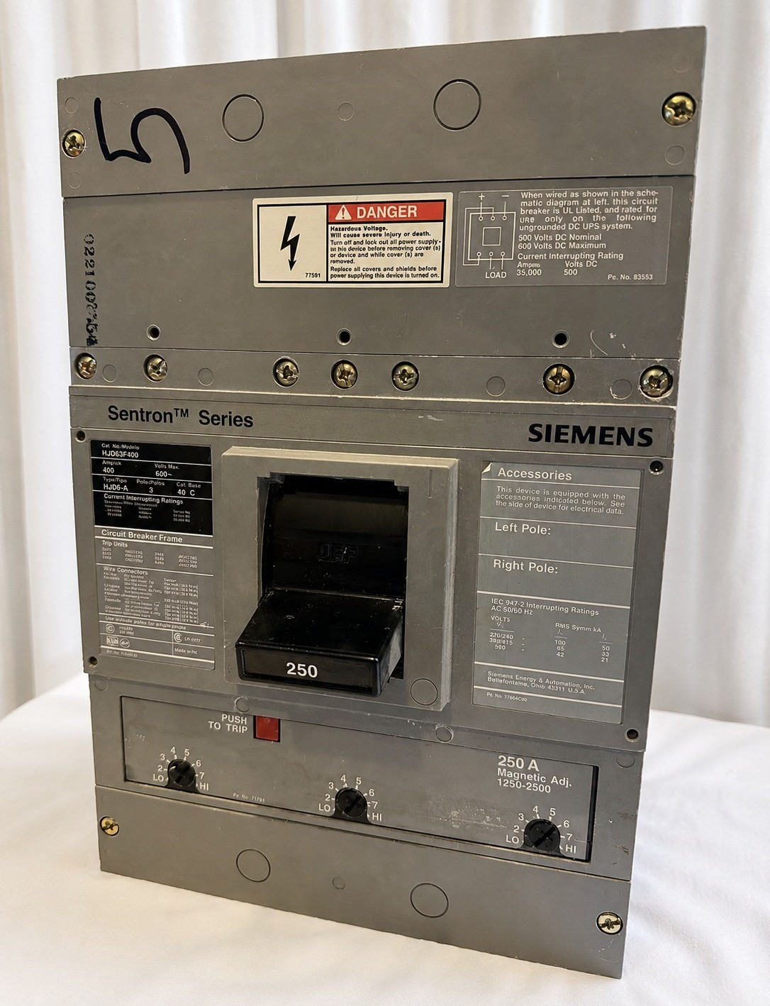 Siemens Sentron HJD63F400 250A 3-Pole 600V Bolt-On Circuit Breaker Trip
