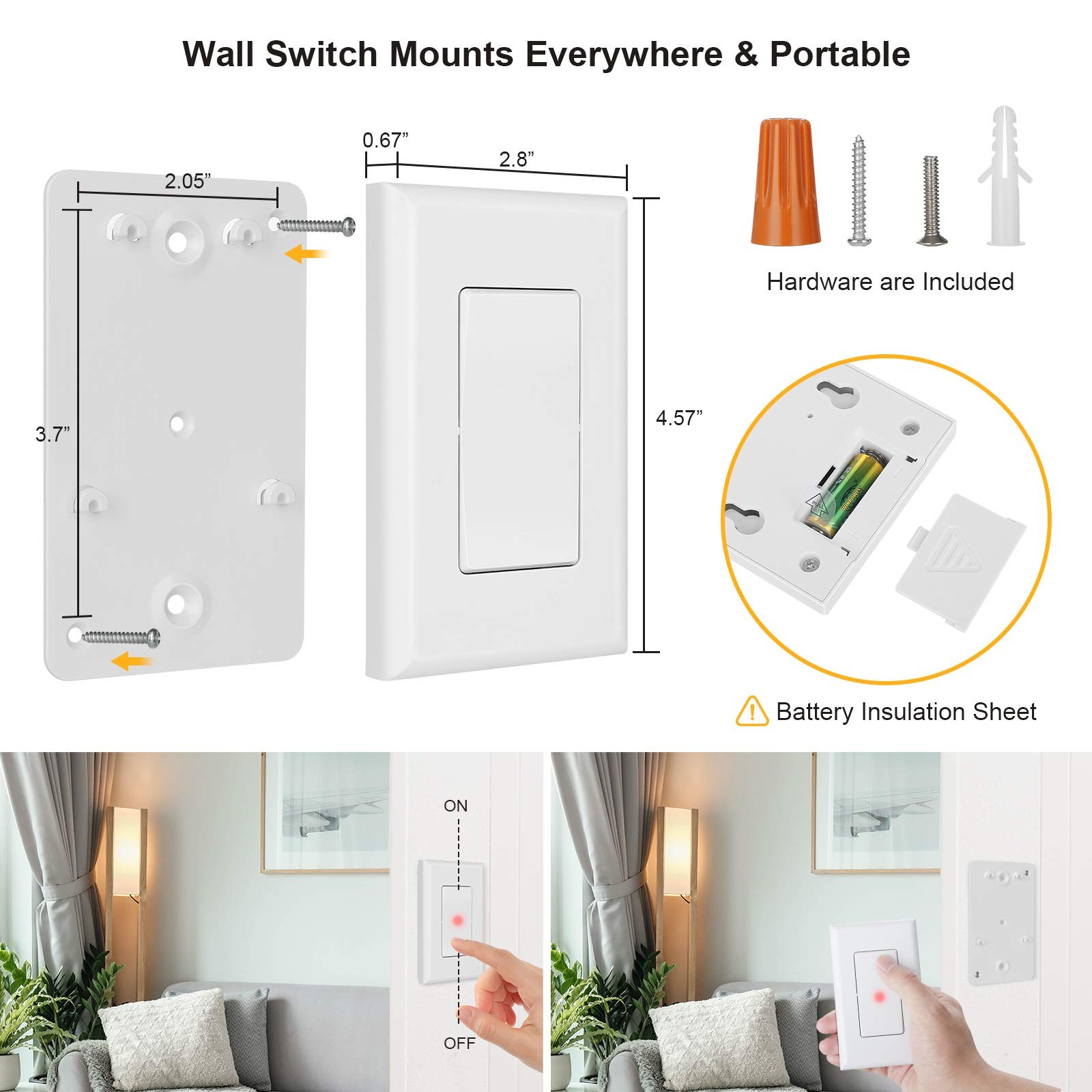 SURAIELEC 3 Way Wireless Light Switch, No Wiring, WiFi, 100ft RF White