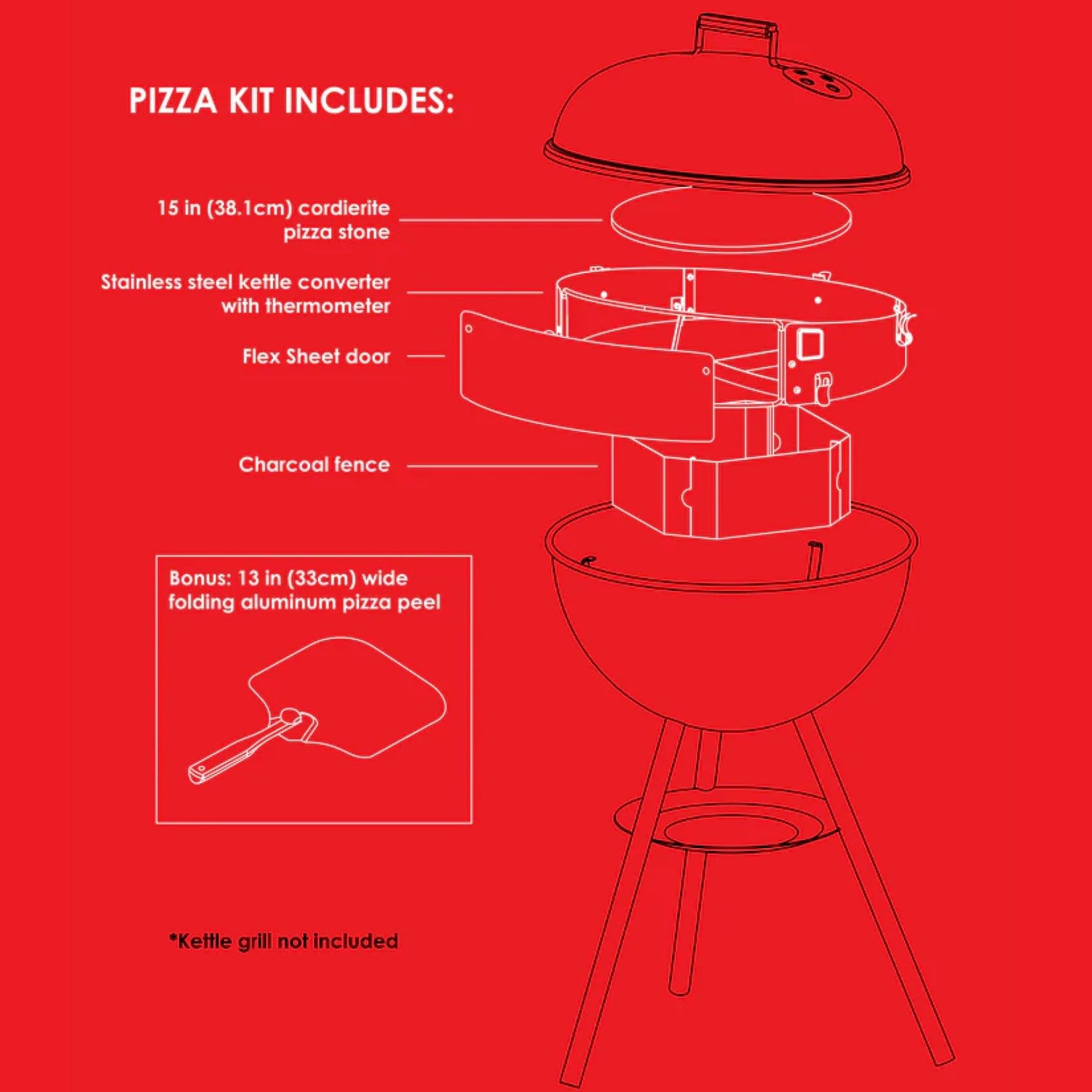 PC7001 PizzaQue Deluxe Outdoor Pizza Oven Kettle Grill Conversion Kit, Silver…