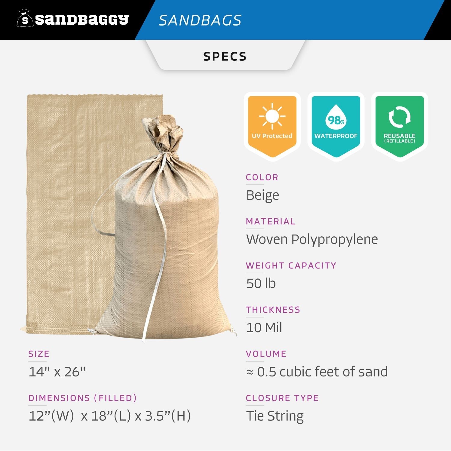 Sandbaggy (25) Beige Empty Sandbags For Sale 14×26 Sandbag Sand Bags Bag Poly