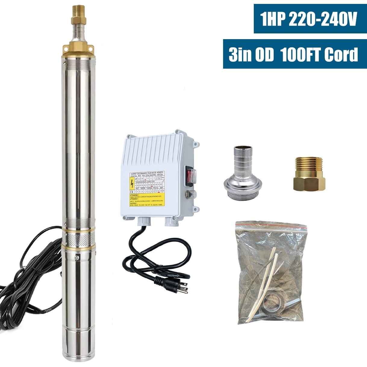 3″ OD 1 HP Deep Well Submersible Pump 230V 13GPM 247ft w/Control Box 100ft Cord