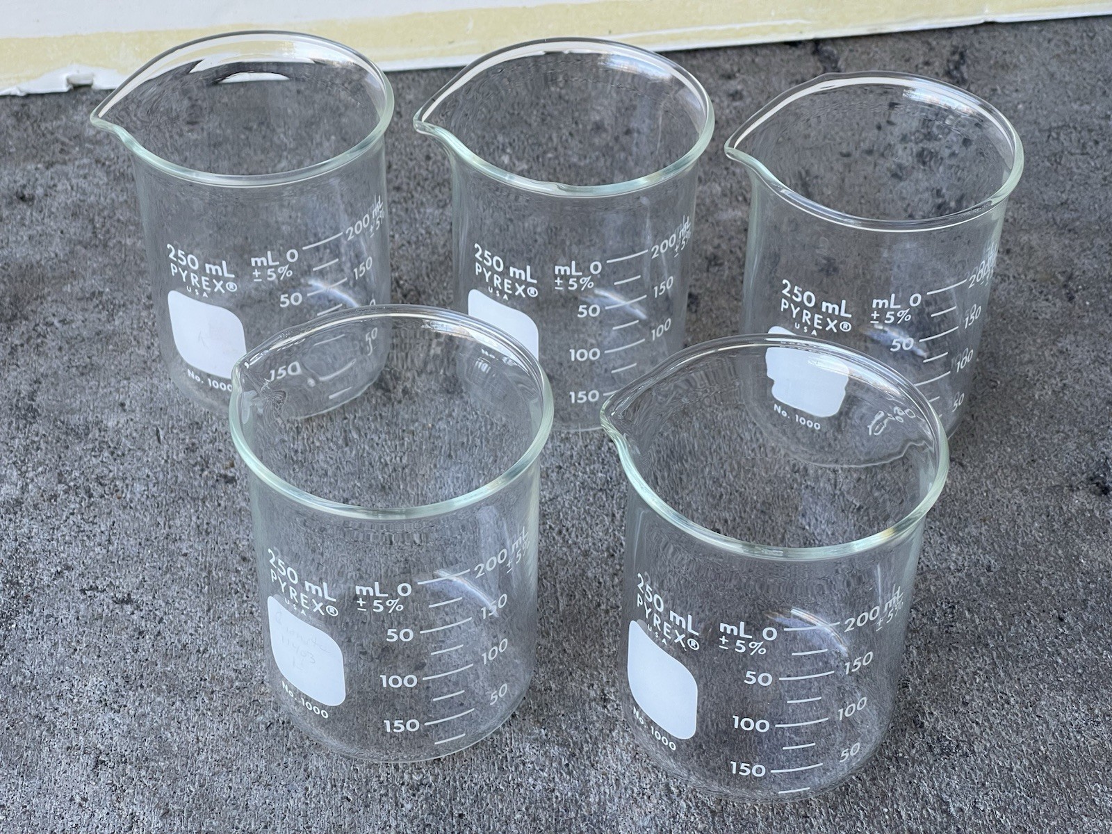 5Pc PYREX Griffin Low Form 250 mL Beaker Double Scale Graduated 1000 250 Corning