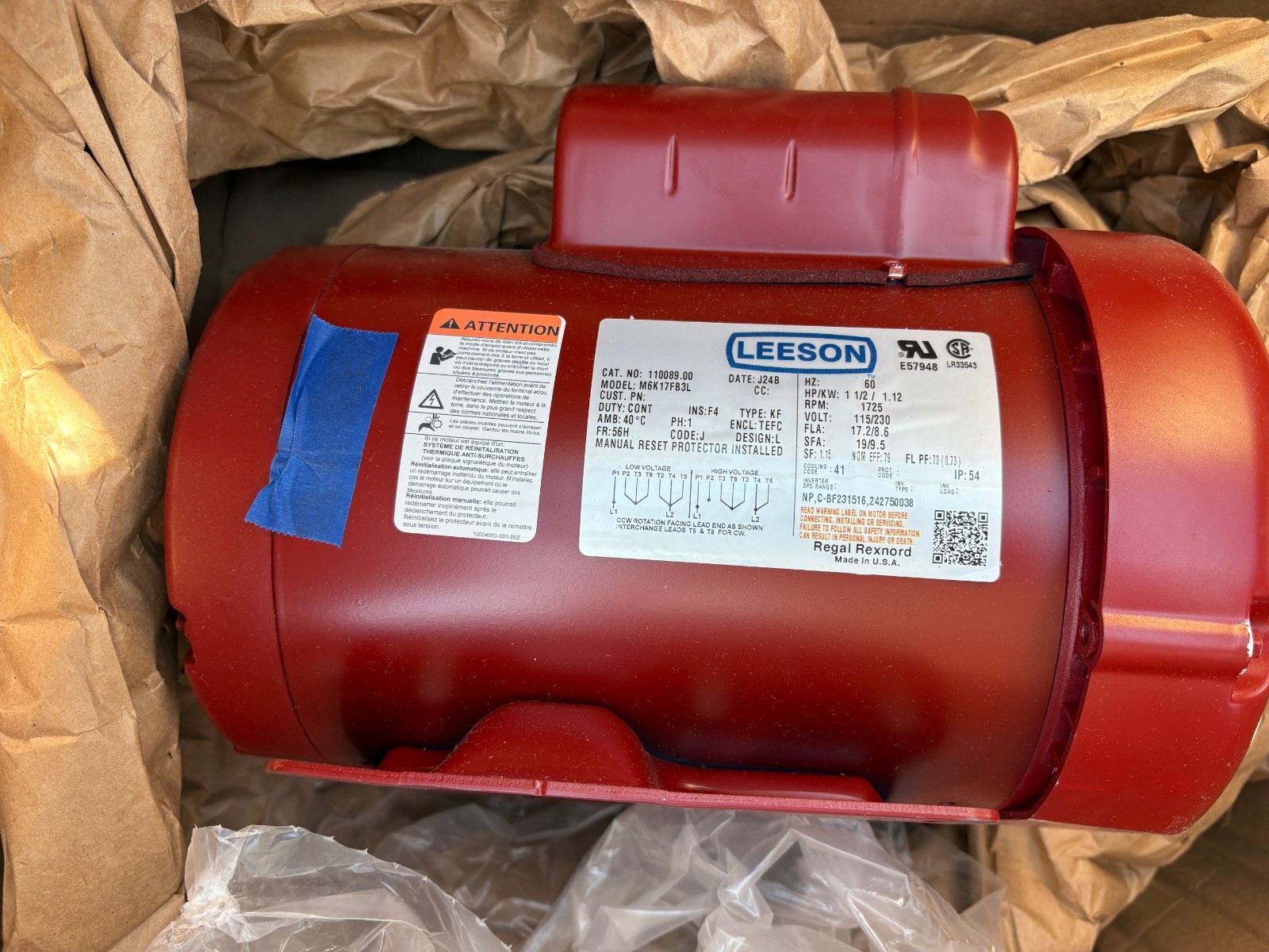 110089.00 Leeson 1.5HP CONT Duty Motor 1725RPM 56HZ 115/208-230V M6K17FB3L