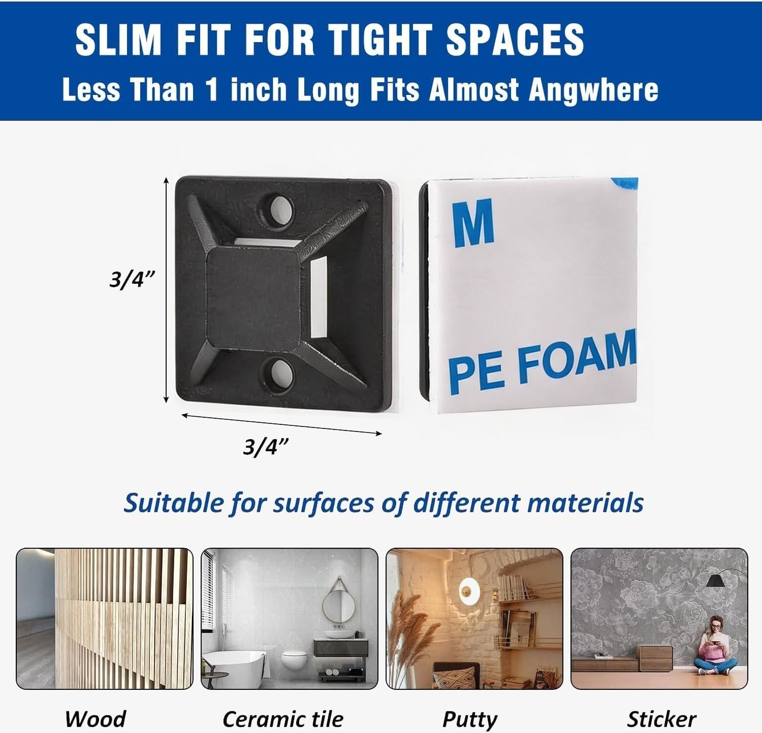 50 Set Cable Zip Tie Self Adhesive Mounts Kit with 6″ Zip Ties,3/4″ Wire Holders