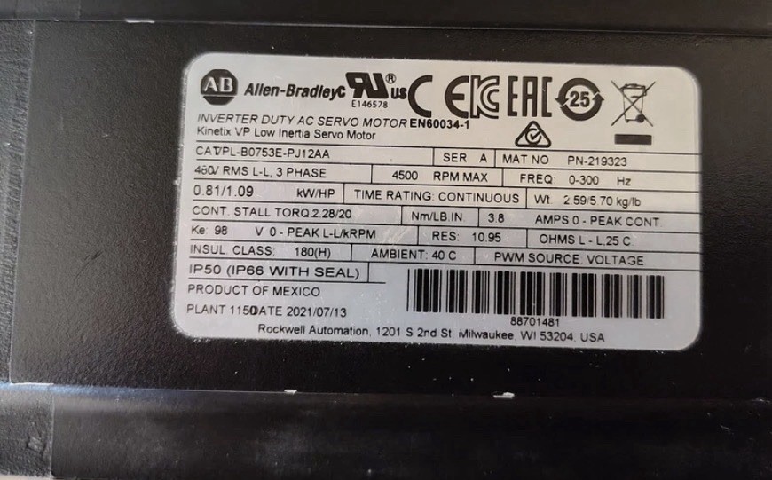 New VPL-B0753E-PJ12AA Kinetix VP Low Inertia Servo Motor