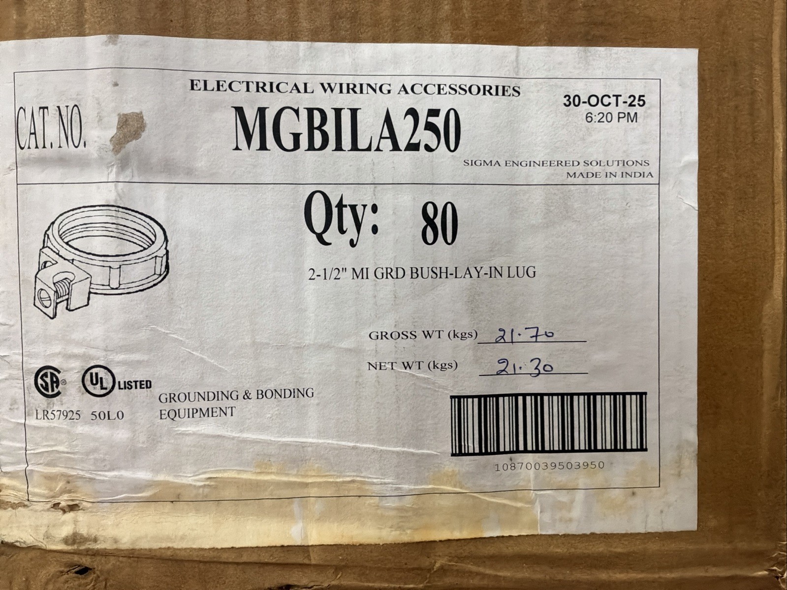 2-1/2 inch insulated grounding bushing with an aluminum lay-in lug