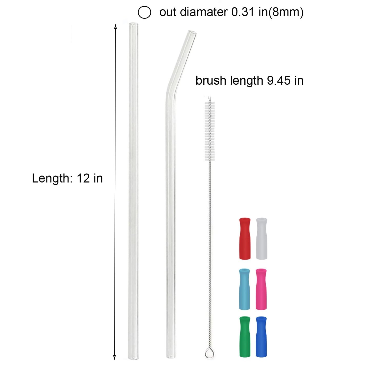 Reusable Long Glass Straws, 12 inch x 8mm Extra 12″x8mm, Clear