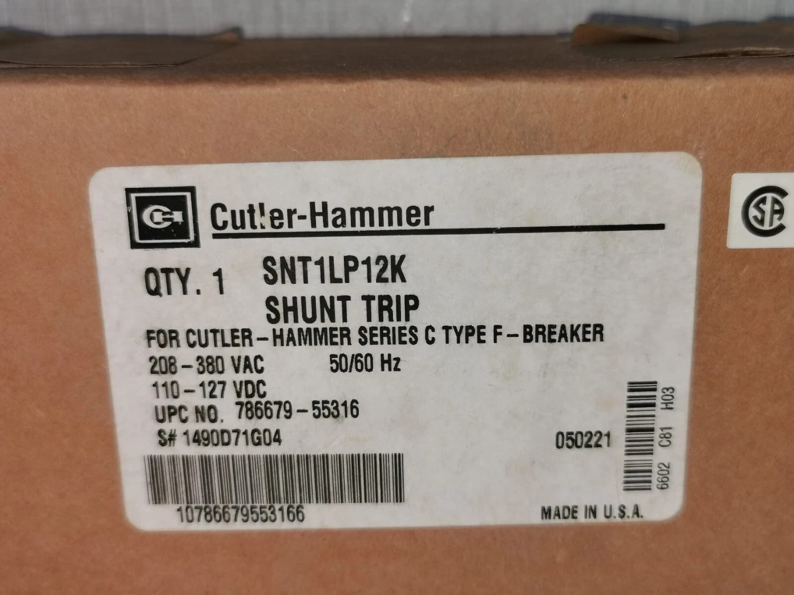 EATON SNT1LP12K Shunt Trip for Cutler-Hammer Type F Breaker 1490D71G04 New