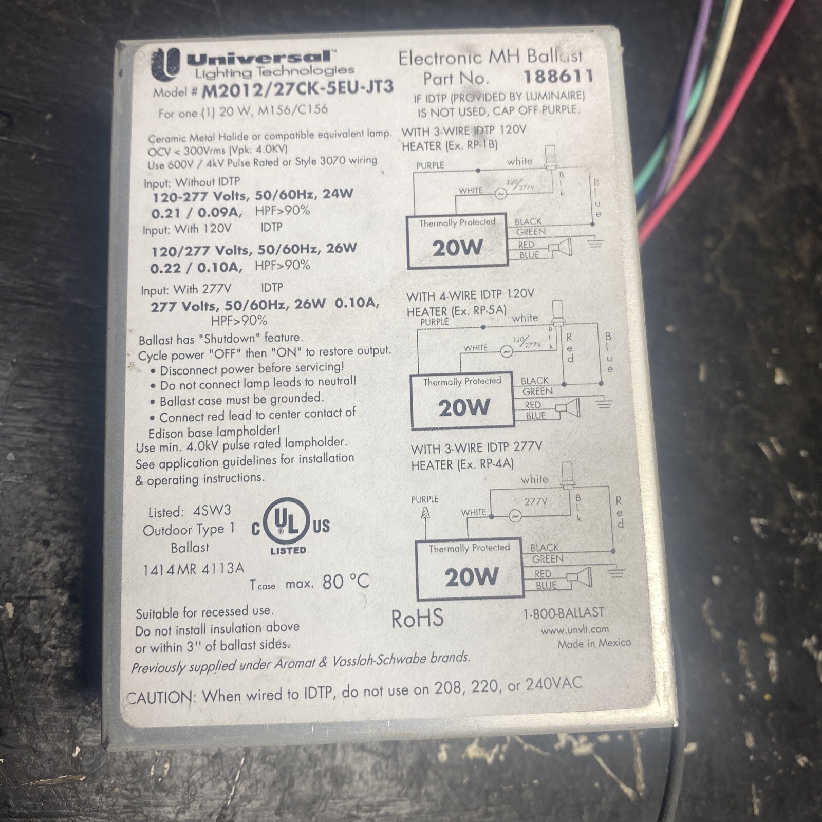 universal lighting M2012/27ck-5eu-JT3 20w MH ballast