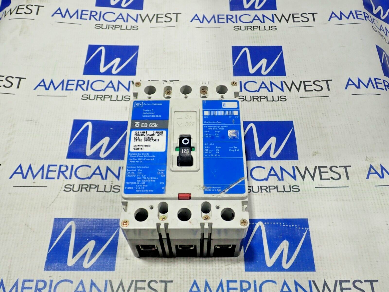 Cutler Hammer ED3125 125 Amp 3 Pole 240V ED 65K Circuit Breaker Tested