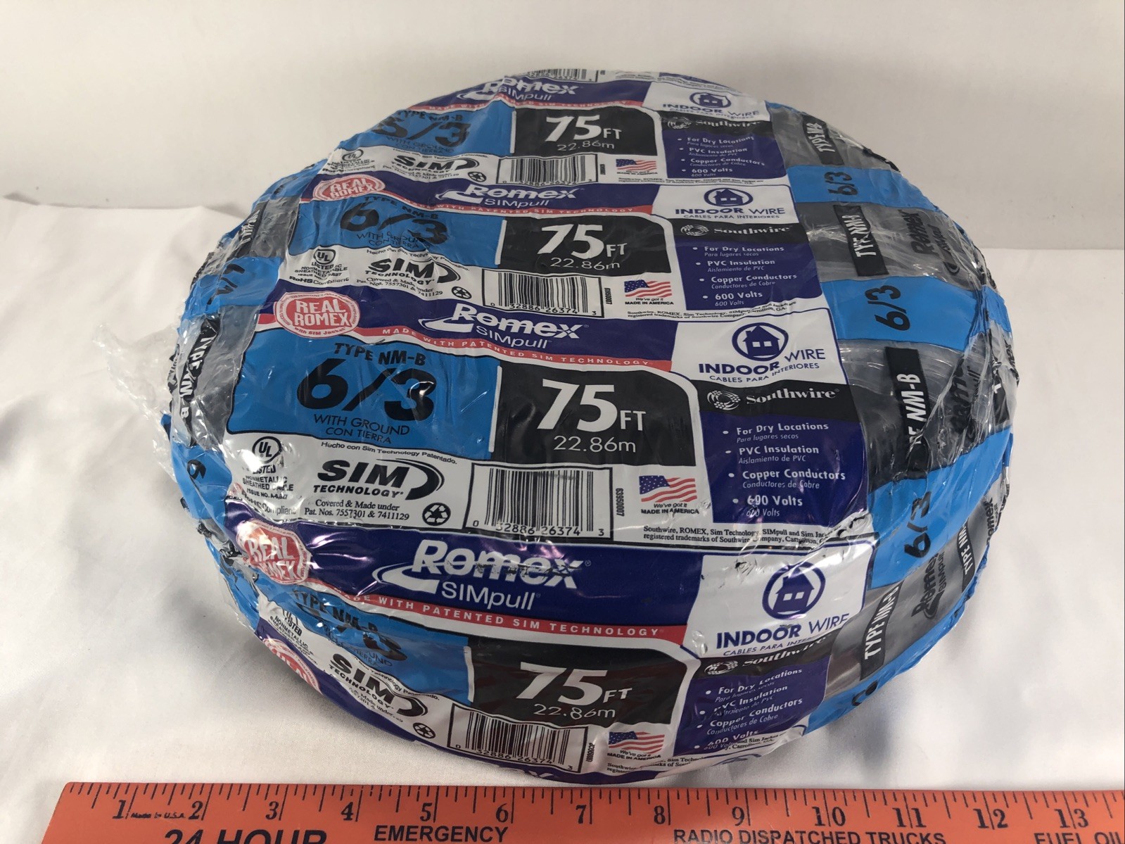 6/3 Wire ROMEX W/Ground – 75 Feet – NM-B Cable Non-Metallic EV – Free Ship – New