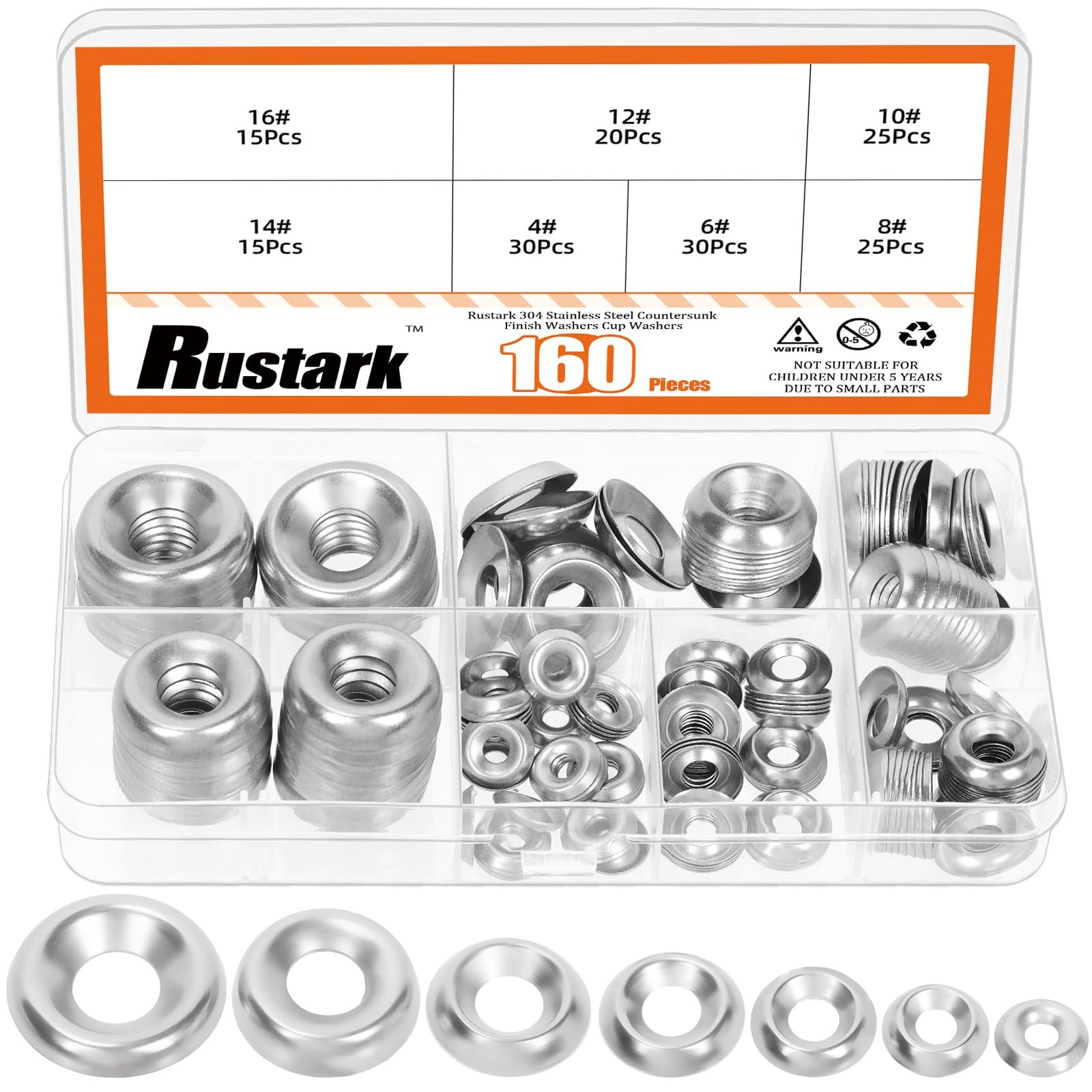 Rustark 160Pcs 7 Sizes Silver Countersunk Finish Washers Assortment Kit 304 S…