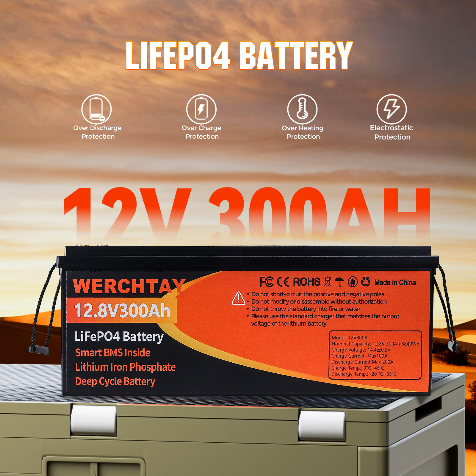 12V 300Ah Deep Cycle LiFePO4 Lithium Battery 200A BMS for RV Solar Boat Off-grid