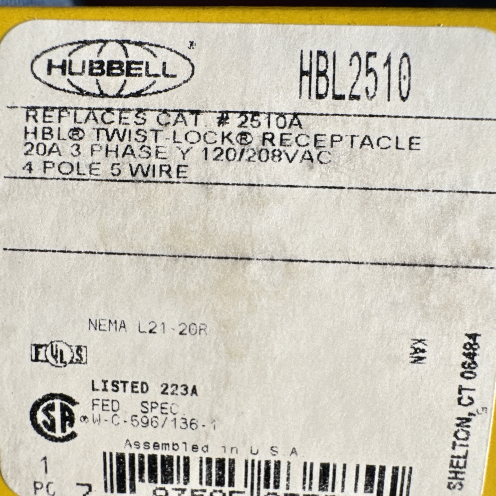 Hubbell HBL2510 Twist-Lock Receptacle, 4-Pole, 5-Wire, 20A, 120/208V, 3ØY