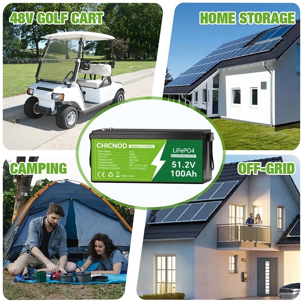 CHICNOD 51.2V 100Ah LiFePO4 Battery w/Bluetooth BMS 2560Wh Solar RV Golf Cart
