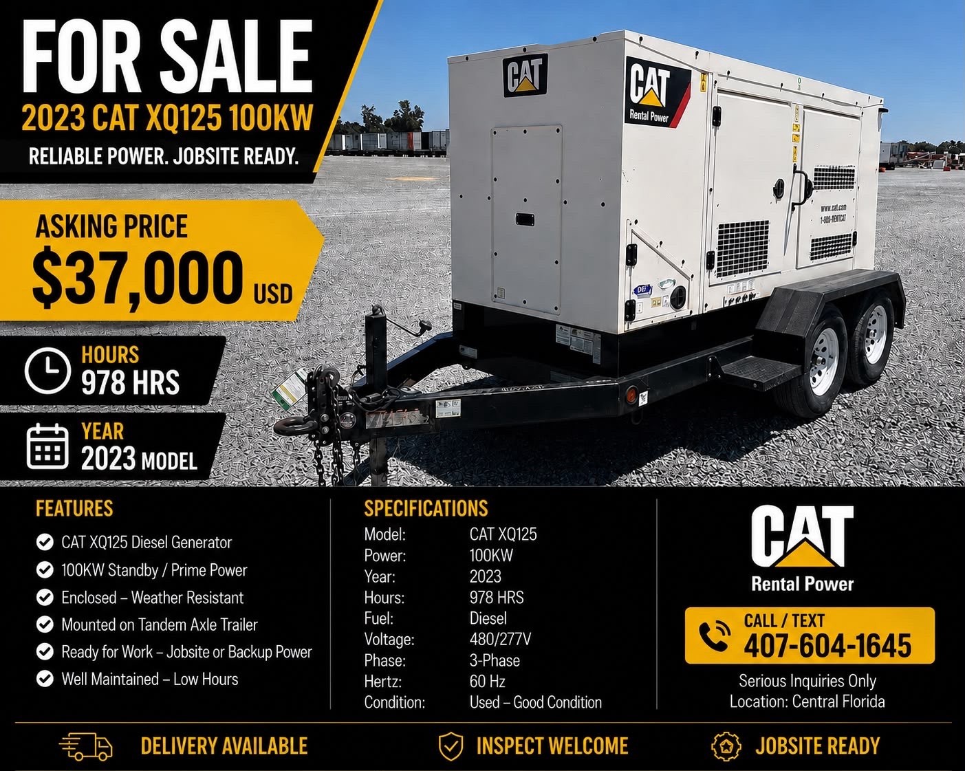 2023 CAT XQ125 100KW DIESEL GENERATOR ! LOW HOUR MACHINE FREE SHIPPING!!!