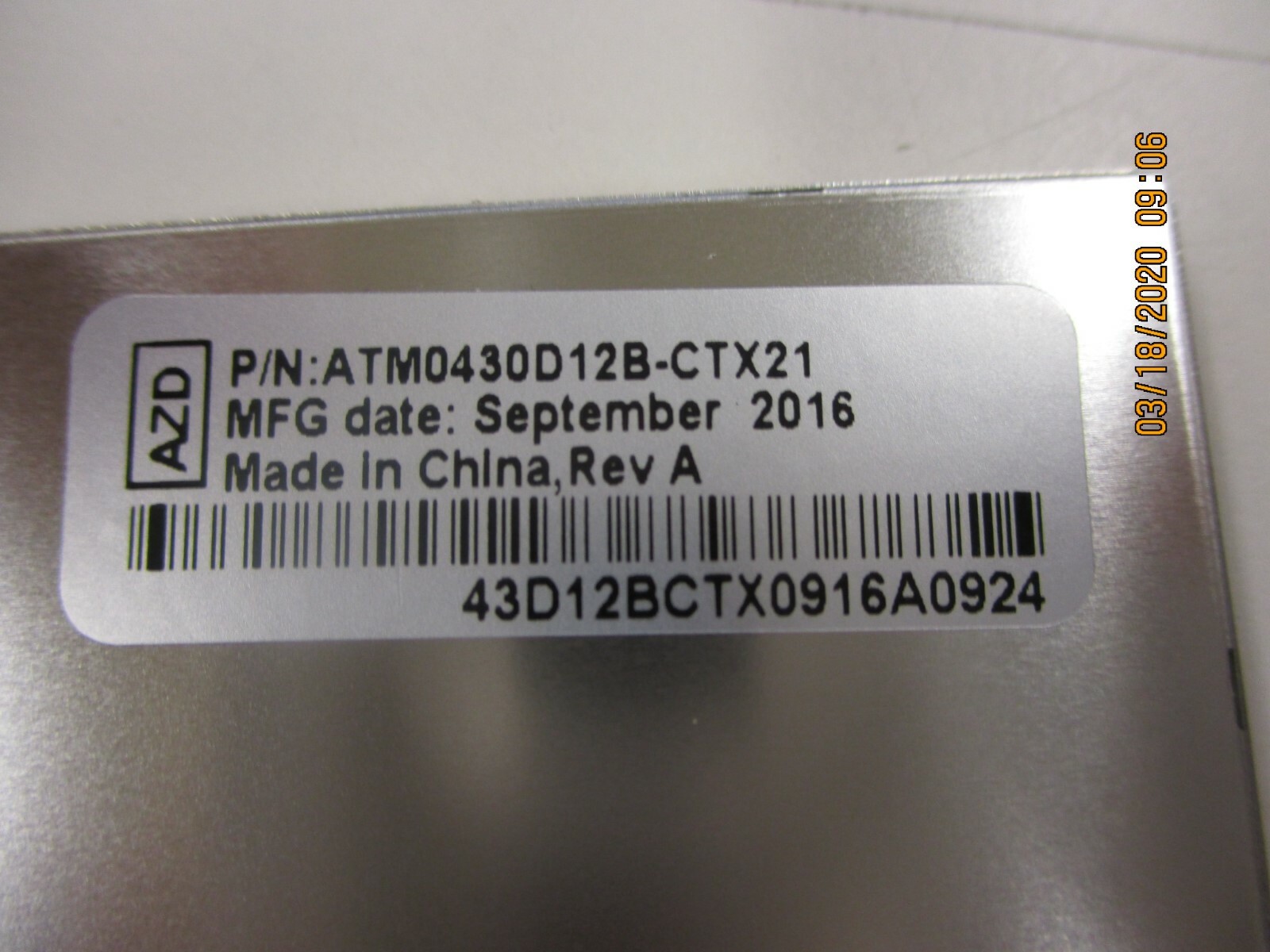 AZ DISPLAY – ATM0430D12B-CT – 4.3in TFT LCD Display,480 x 272, 720 nits, RGB