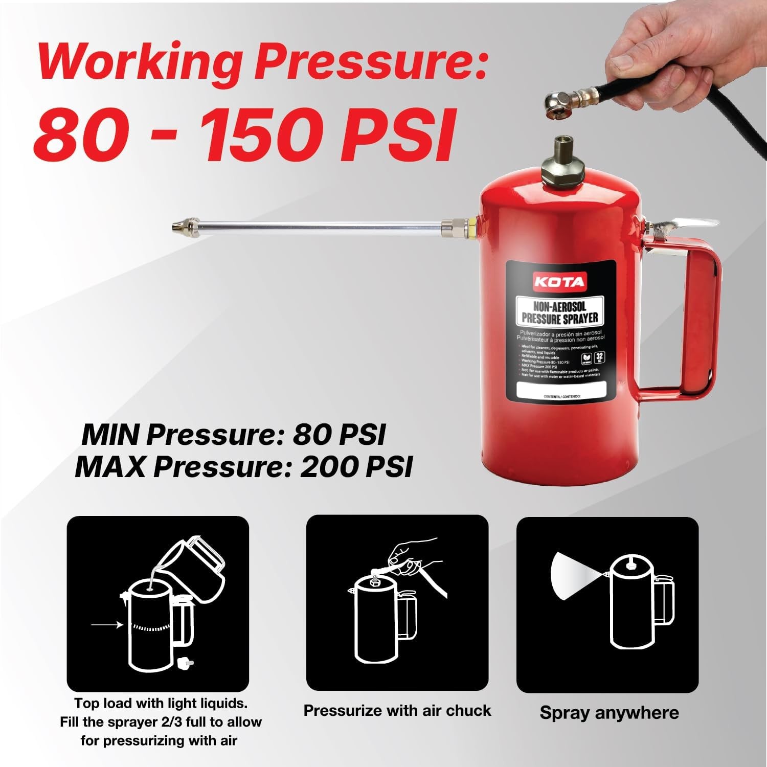 KOTA Non-Aerosol Pressure Sprayer, Refillable Bottle, 32oz Color: Red & Blue