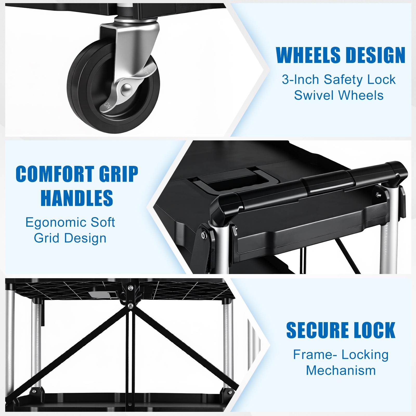 Folding Collapsible Utility Service Cart 3 Shelf 150LB w/ Swivel Lockable Wheels