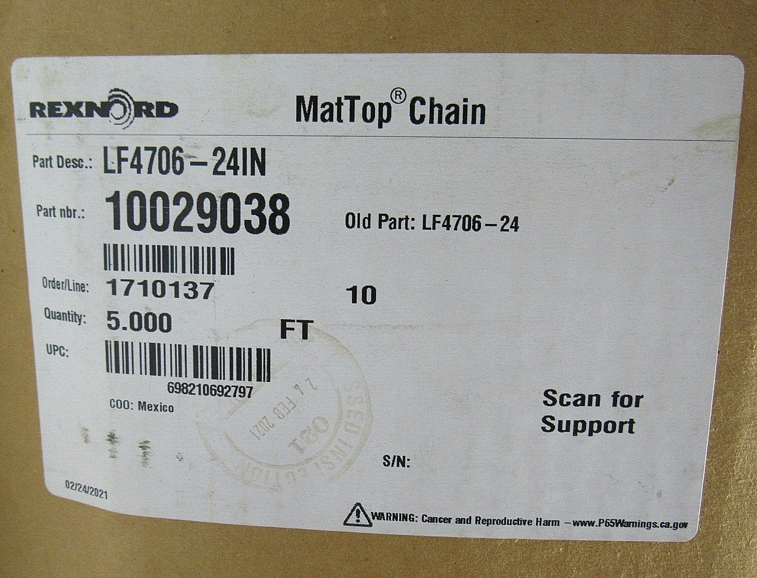 NEW REXNORD MAT TOP CONVEYOR CHAIN LF4706-24IN 10029038 24″W 5FT