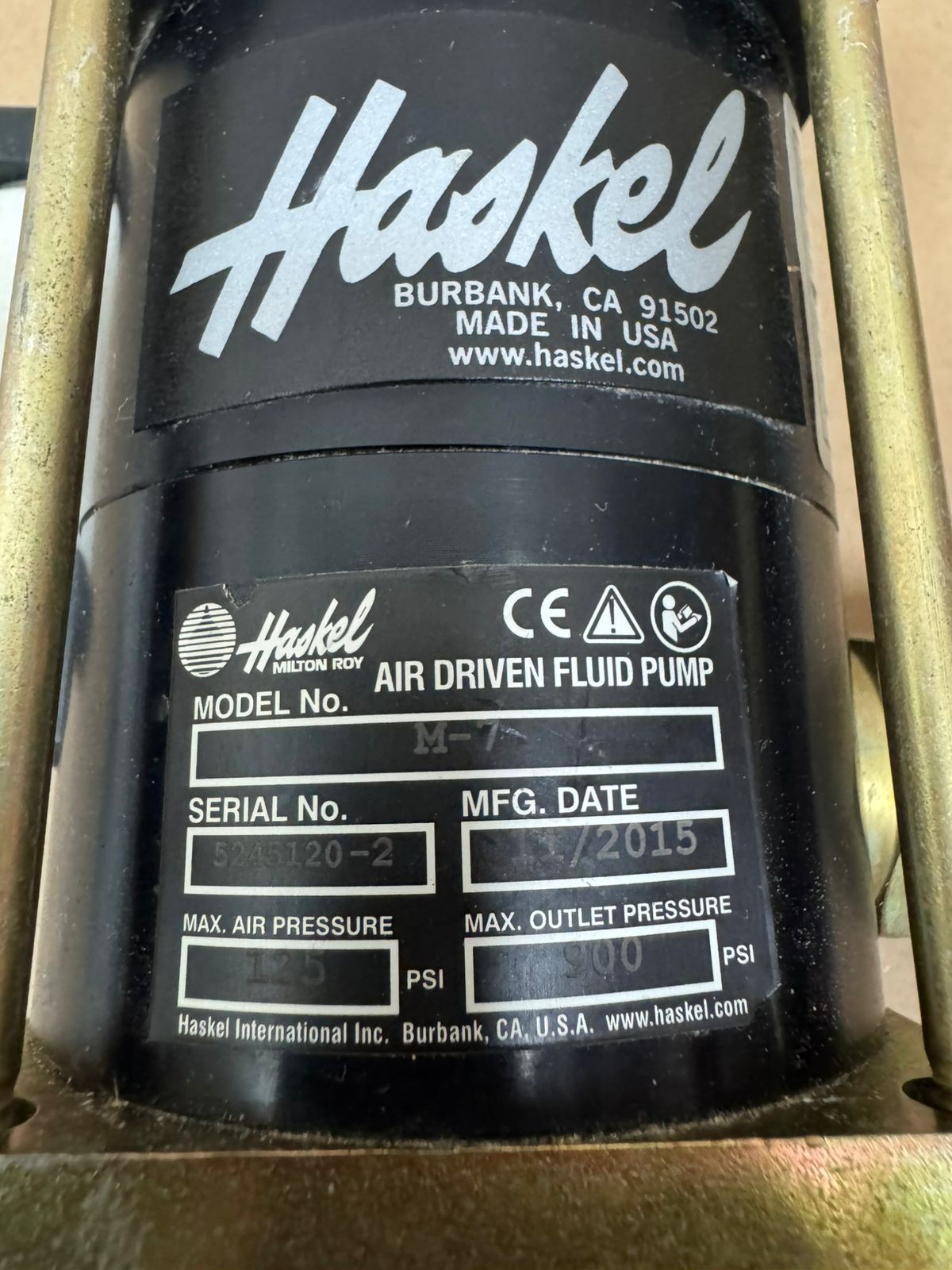 Haskel / Air Driven Fluid Pump / M-7 / Air Press 125 PSI, Outlet Press 900 PSI