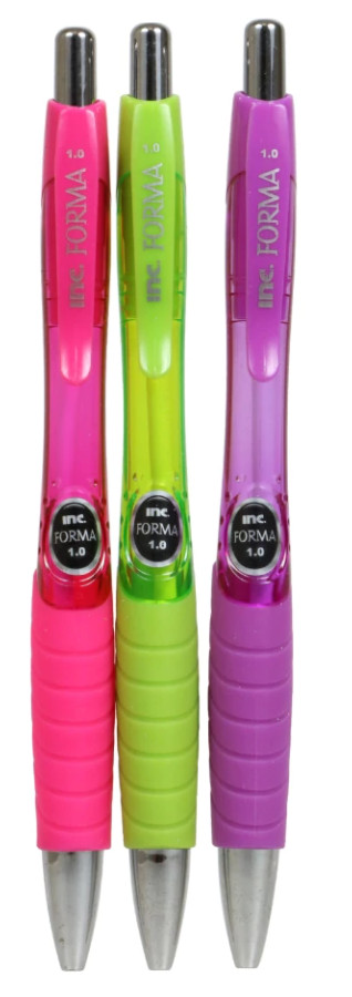 Inc. Forma Retractable Ball Point Pen 1.0 mm 3 Pack Green Pink Purple(Black Ink)