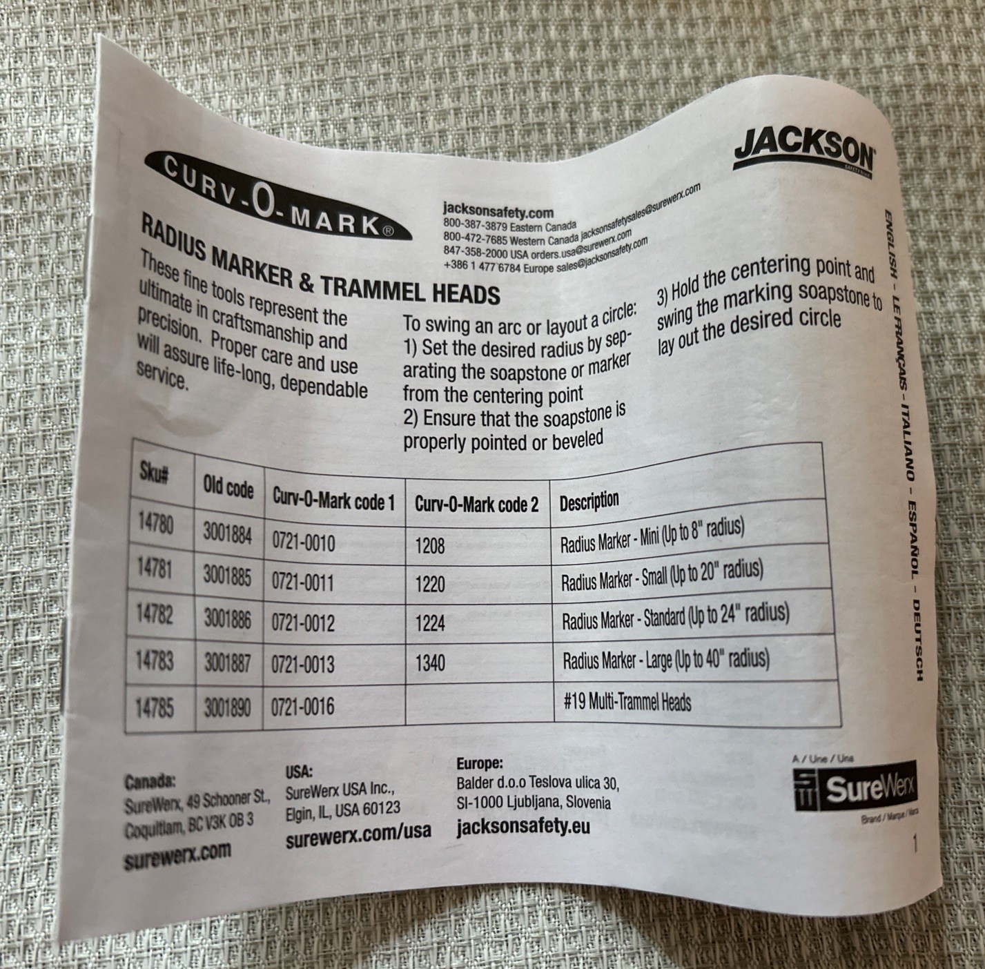 Jackson Safety Large Radius Marker 14783 J1887 Curv-O-Mark