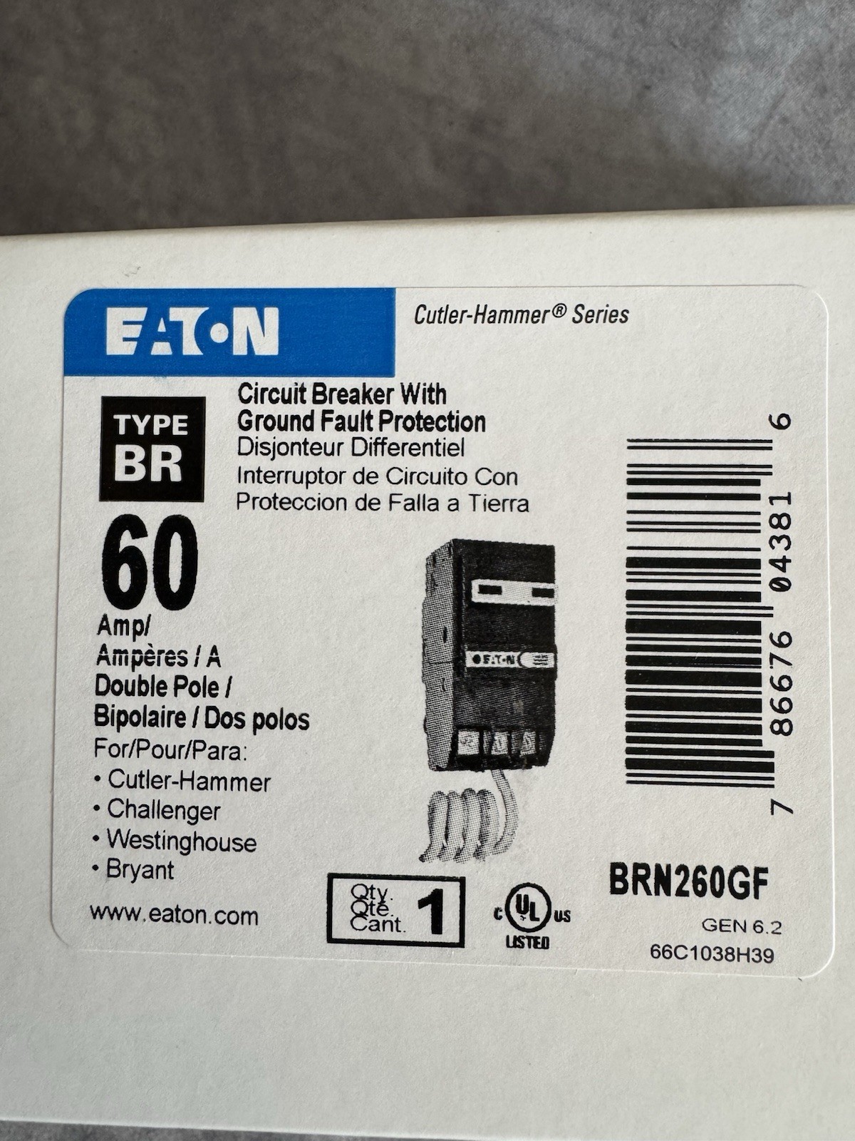 NEW Eaton BRN260GF 60 Amp 2-Pole Ground Fault Circuit breaker 120/240V 10kA