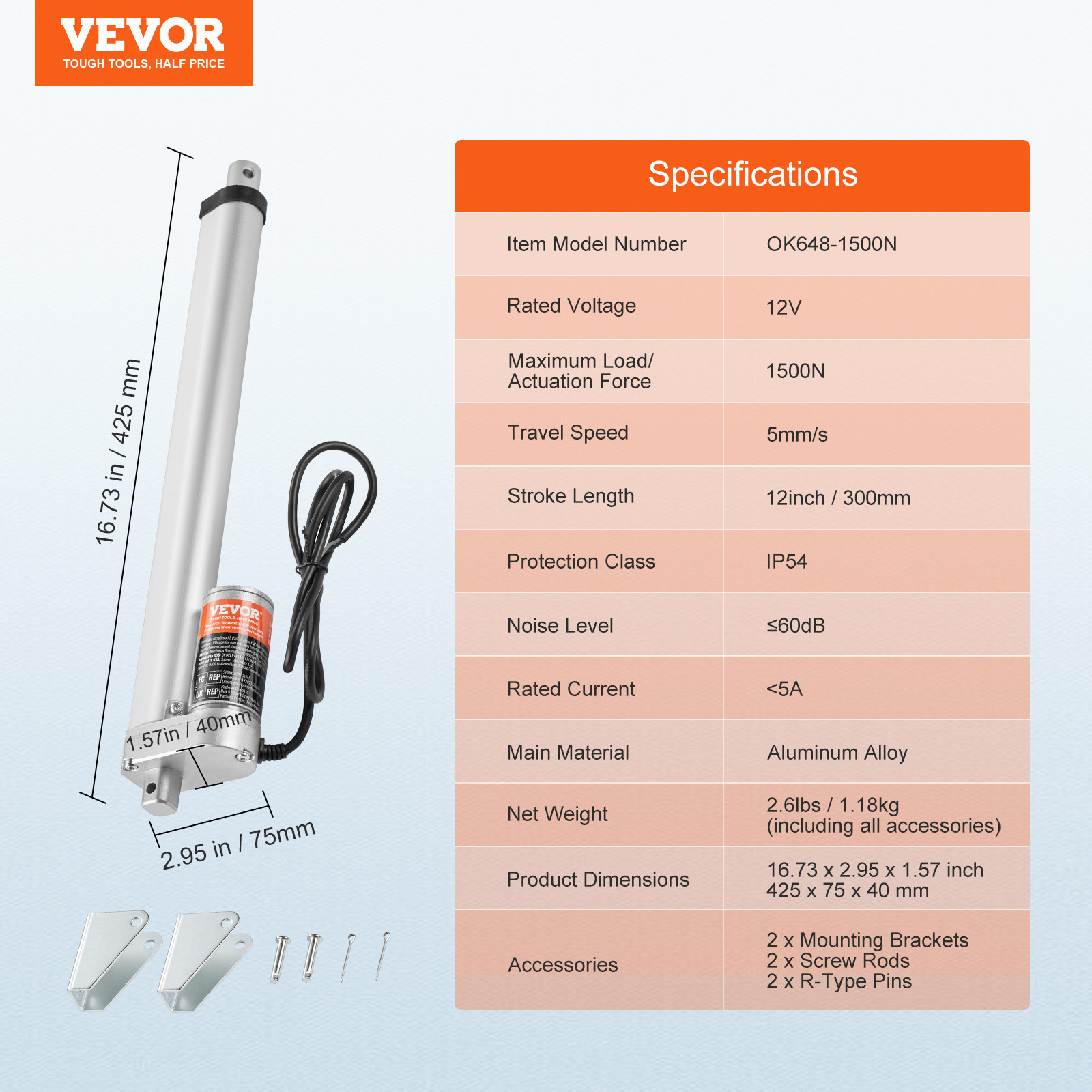 VEVOR Linear Actuator 12V 12 Inch High Load 330lbs/1500N 0.19″/s IP54 Protection