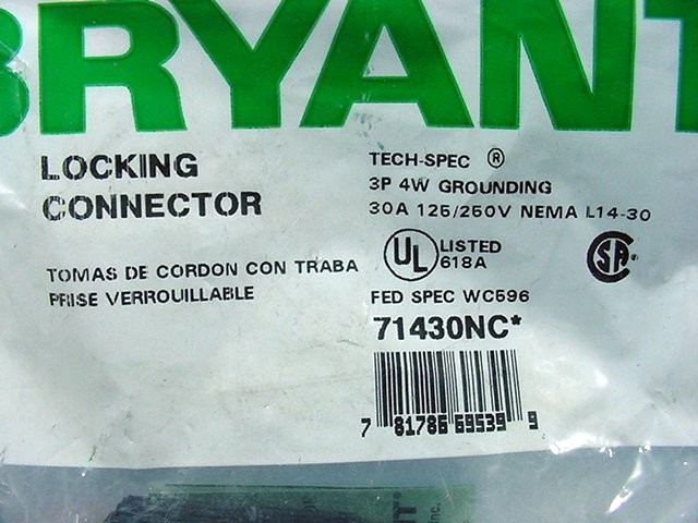 Hubbell Bryant L14-30R Twist Turn Locking Connector Plug 30A 125/250V 71430NC