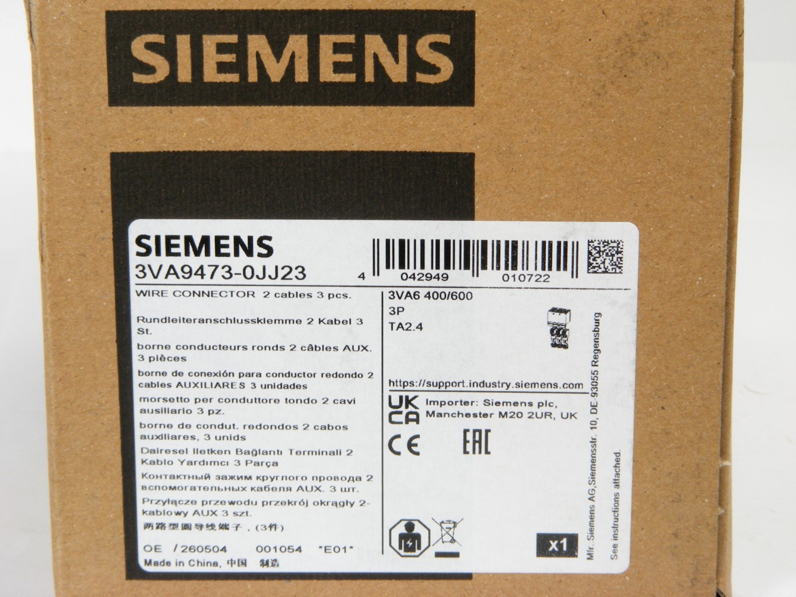 NEW SIEMENS 3VA9473-0JJ23 Breaker Lug Kit, Wire Conn TA2.4, 3VA53/4 – 3VA63/4 3P