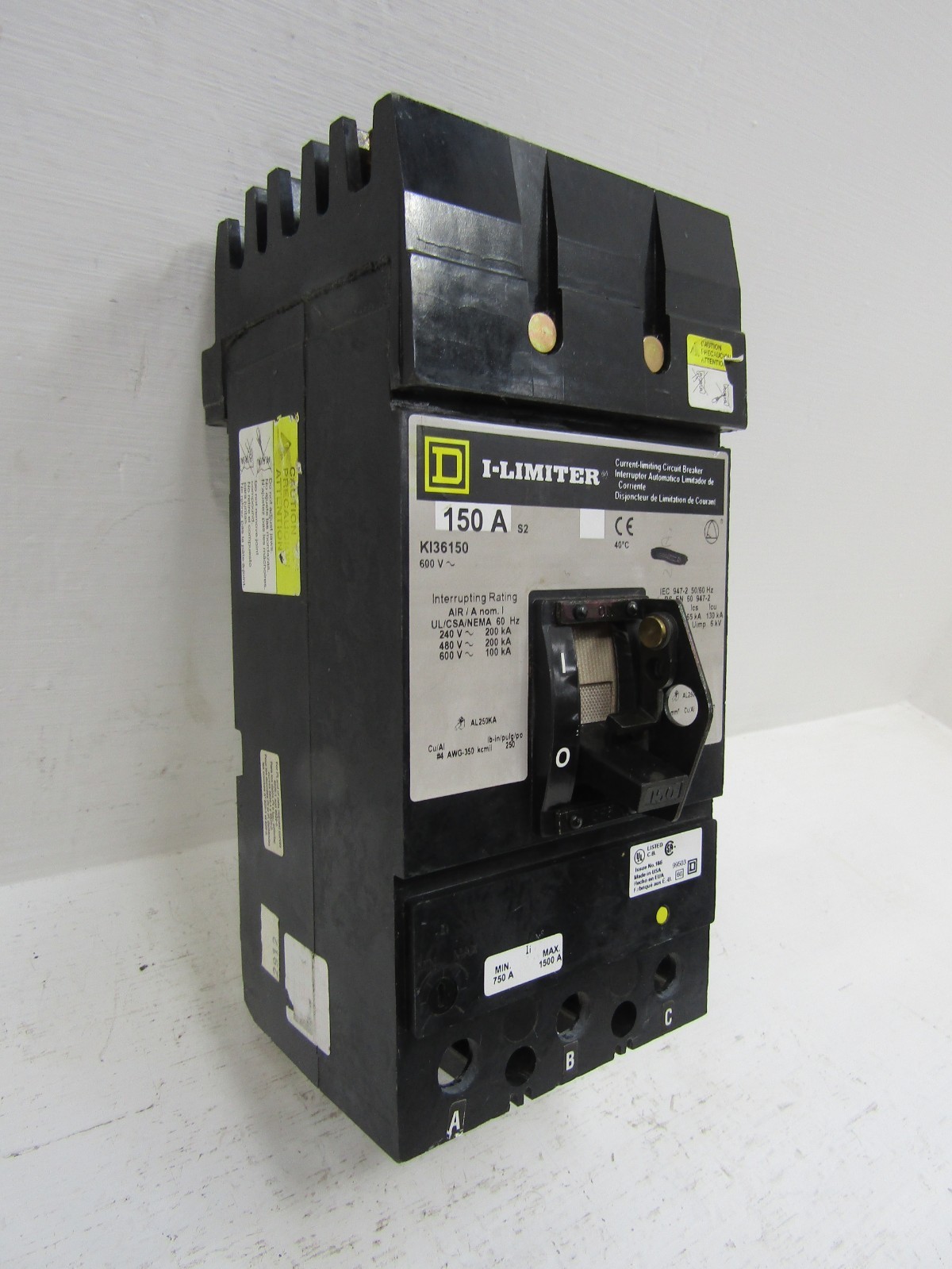Square D KI36150 150 Amp 600V I-Limiter I-Line Circuit Breaker 150A 3-Pole