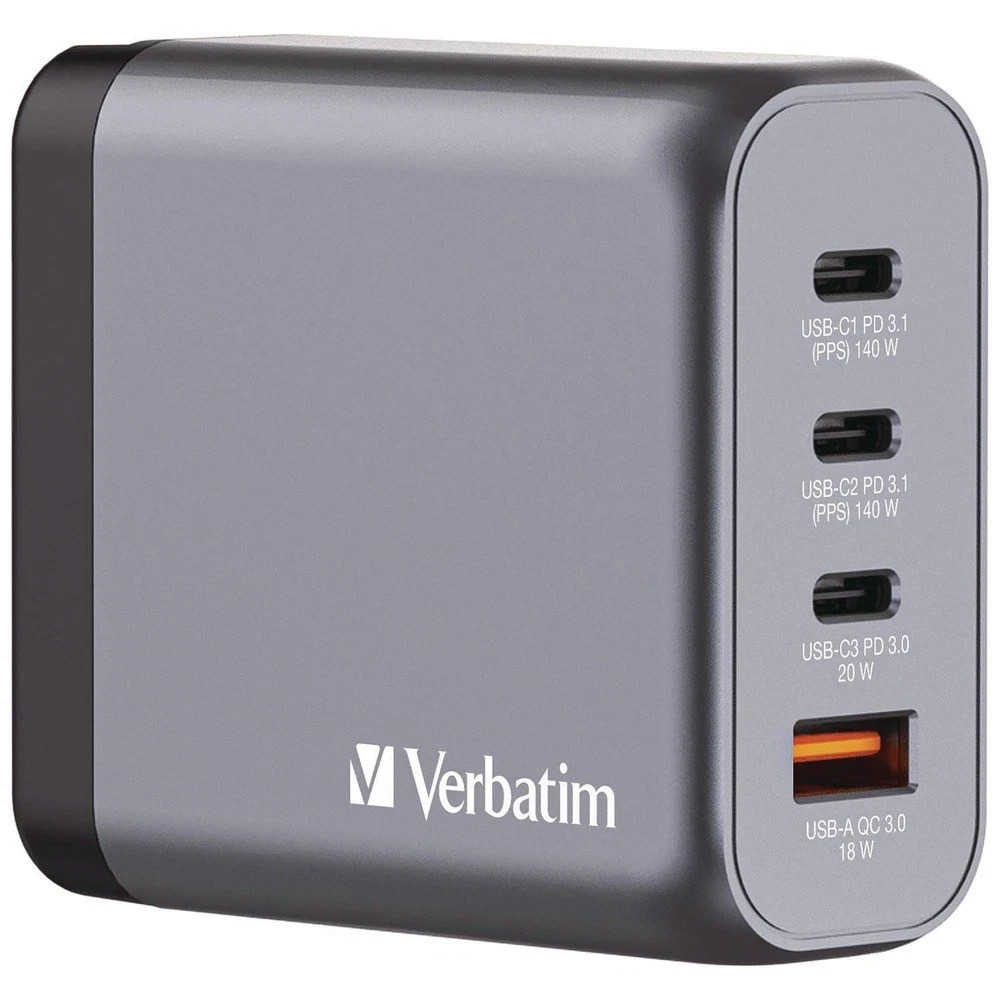 Verbatim 32203 140 W 4-Port GaN Wall Charger – Black/Gray New