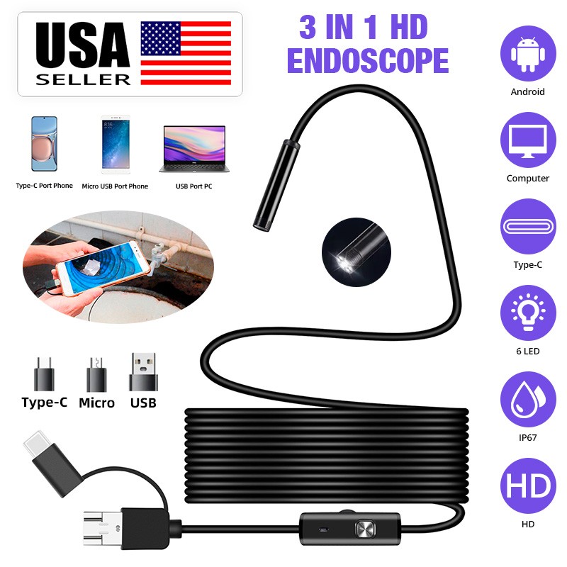 3 In 1 USB Endoscope Camera 1M Cable 6LED IP67 Waterproof Pipe Inspection Cam