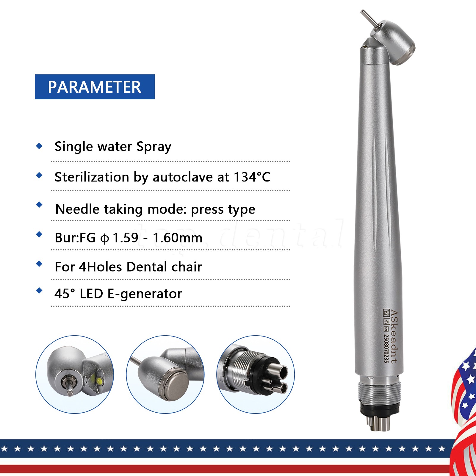 LED Dental Surgical Handpiece 45 Degree High Speed Turbine 4 Hole Rare Exhaust