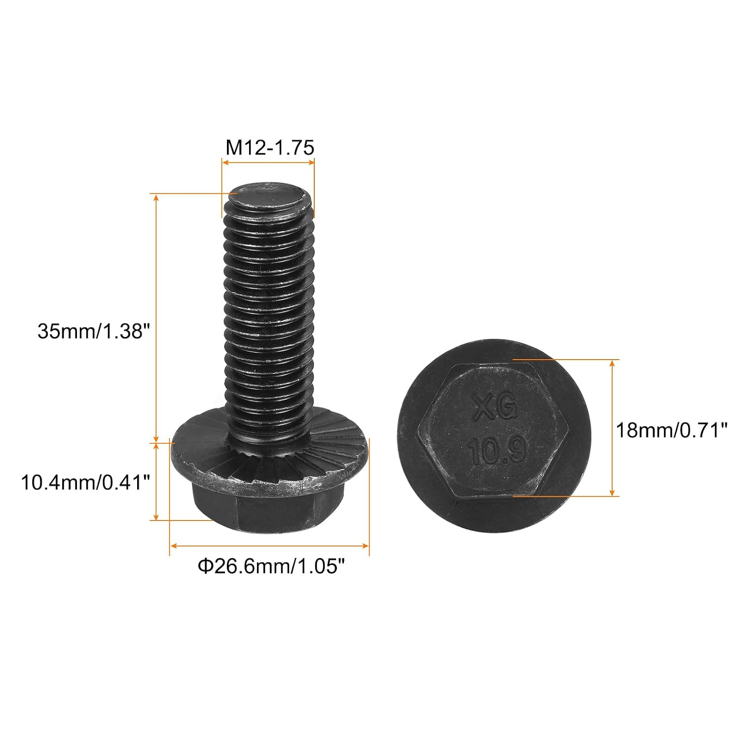 M12-1.75x35mm Hex Serrated Flange Bolts 10.9 Grade Carbon Steel Screws 6pcs