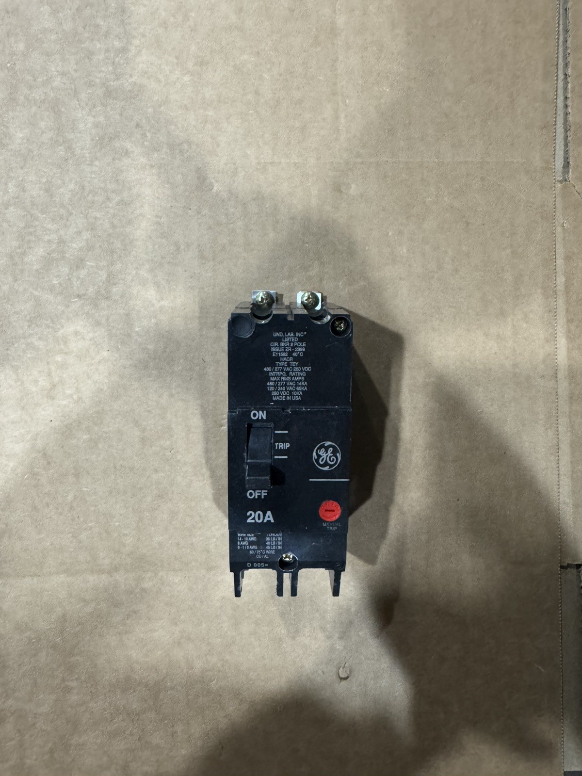 GE TEY220 20A 2 Pole 480/277V Bolt On New TakeOut Circuit Breaker FREE SHIPPING
