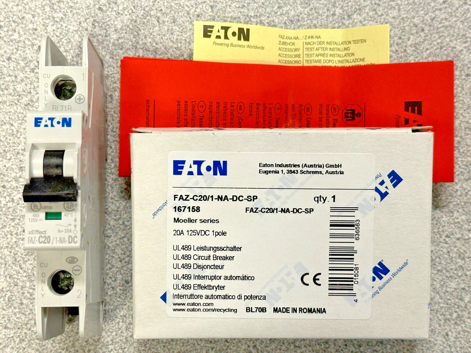 NEW EATON FAZ-C20/1-NA-DC-SP DIN Rail Breaker 20A 1P 125VDC 50/60Hz IP20