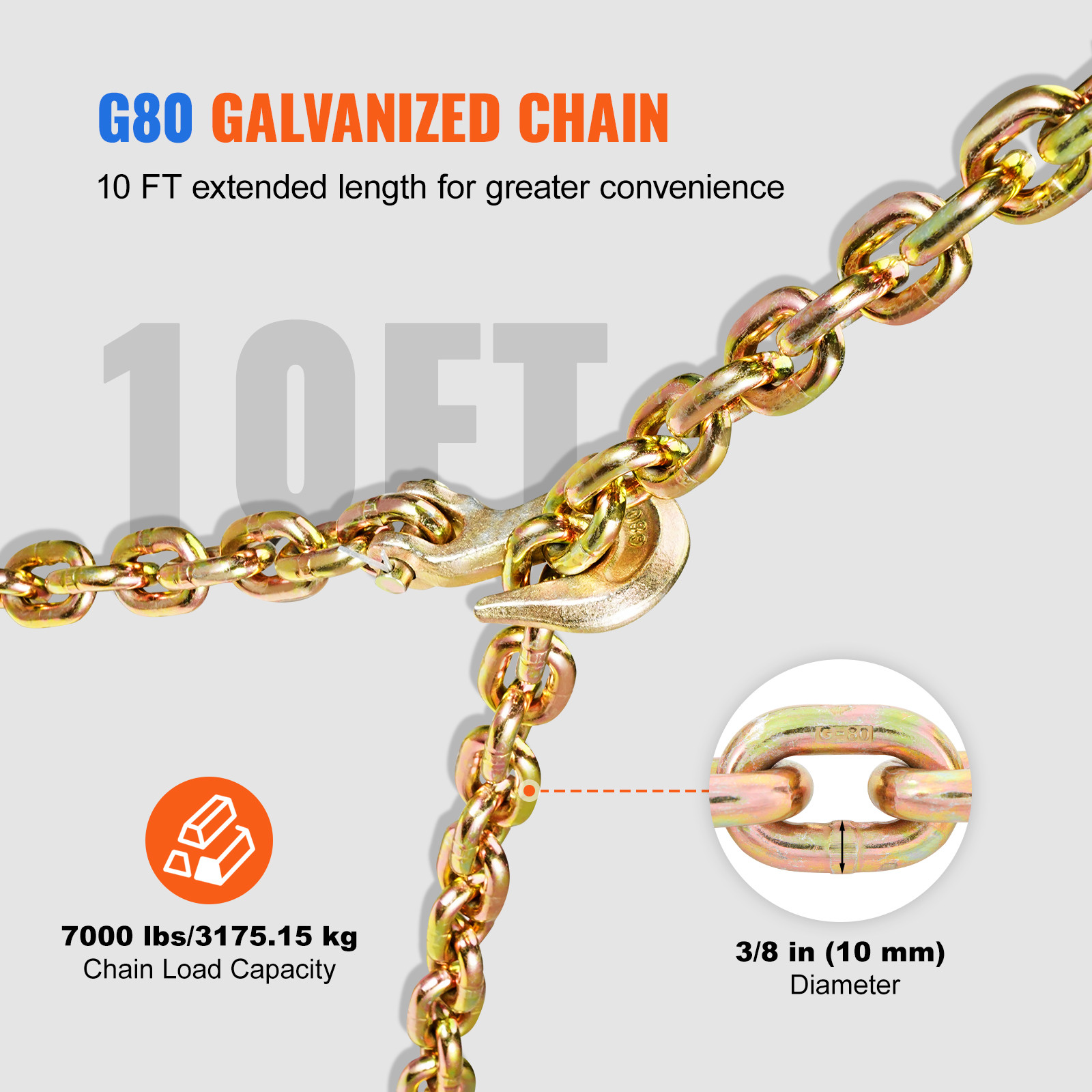 VEVOR Chain and Binder Kit 3/8″-1/2″ Ratchet Load Binder 3/8″ x 10′ Chain 2 Pack