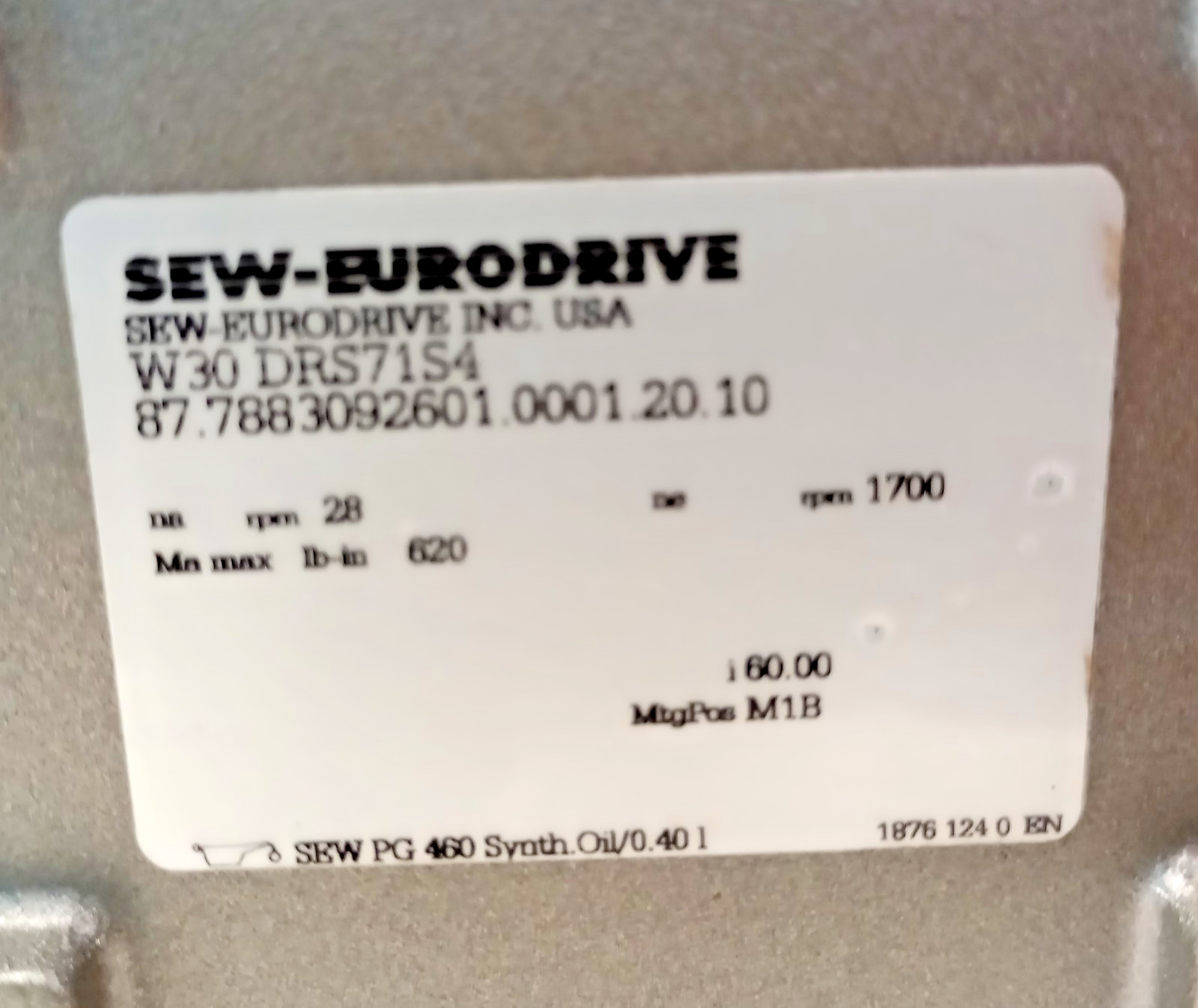 SEW Eurodrive W30-DRS71S4-60.0 New GearMotor 3ph 1700/28rpm 230/460V Ratio 60:1