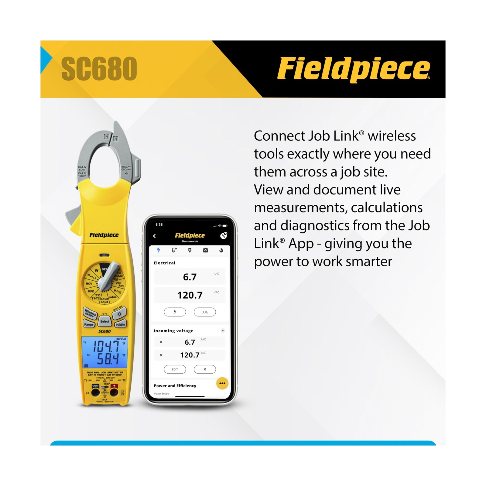 Fieldpiece SC680 Clamp Meter – Wireless Power Multitester for HVACR Professio…
