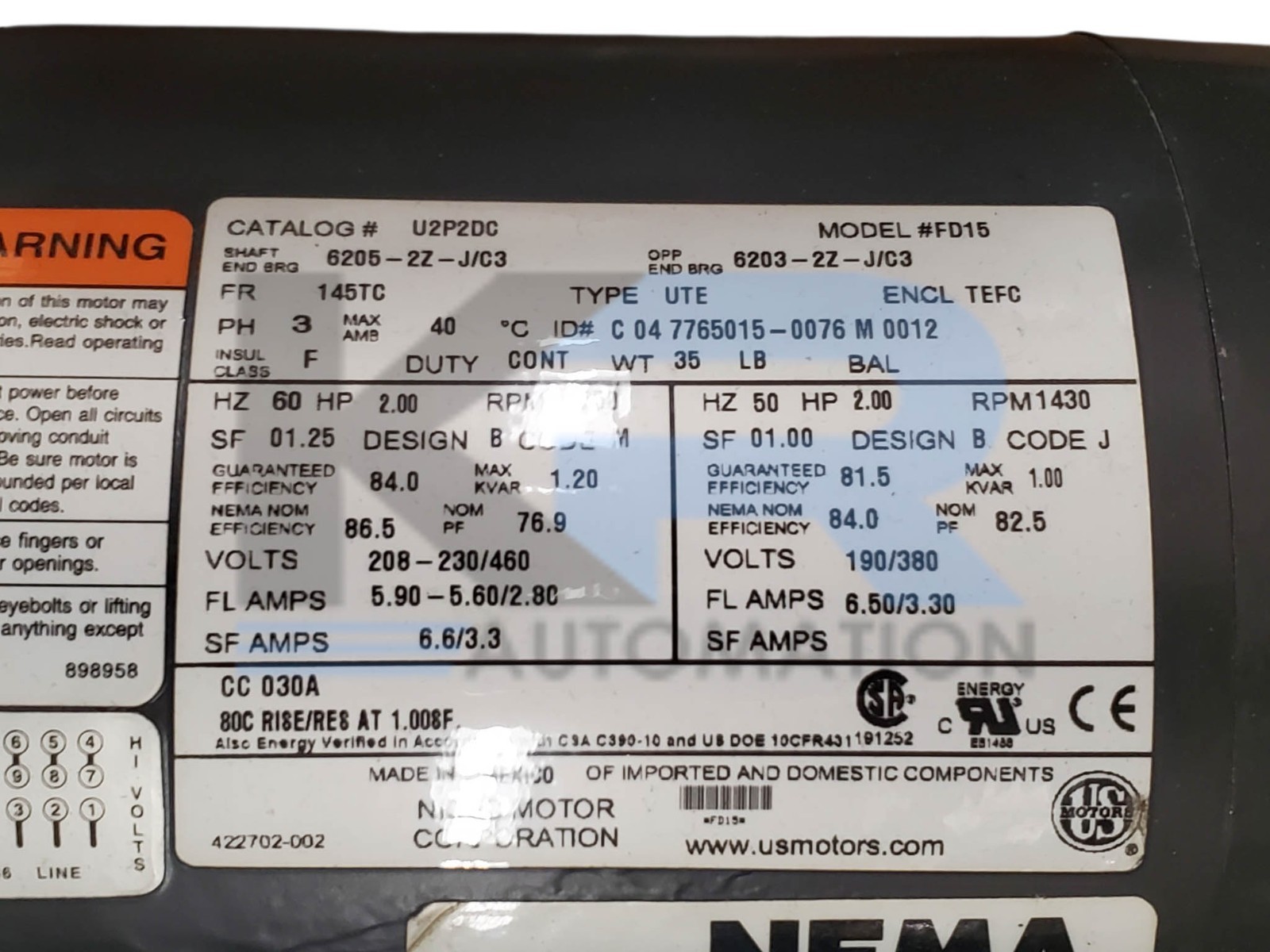 NEW US Motors U2P2DC Nema Premium 460V 2HP 145TC 1750RPM TEFC