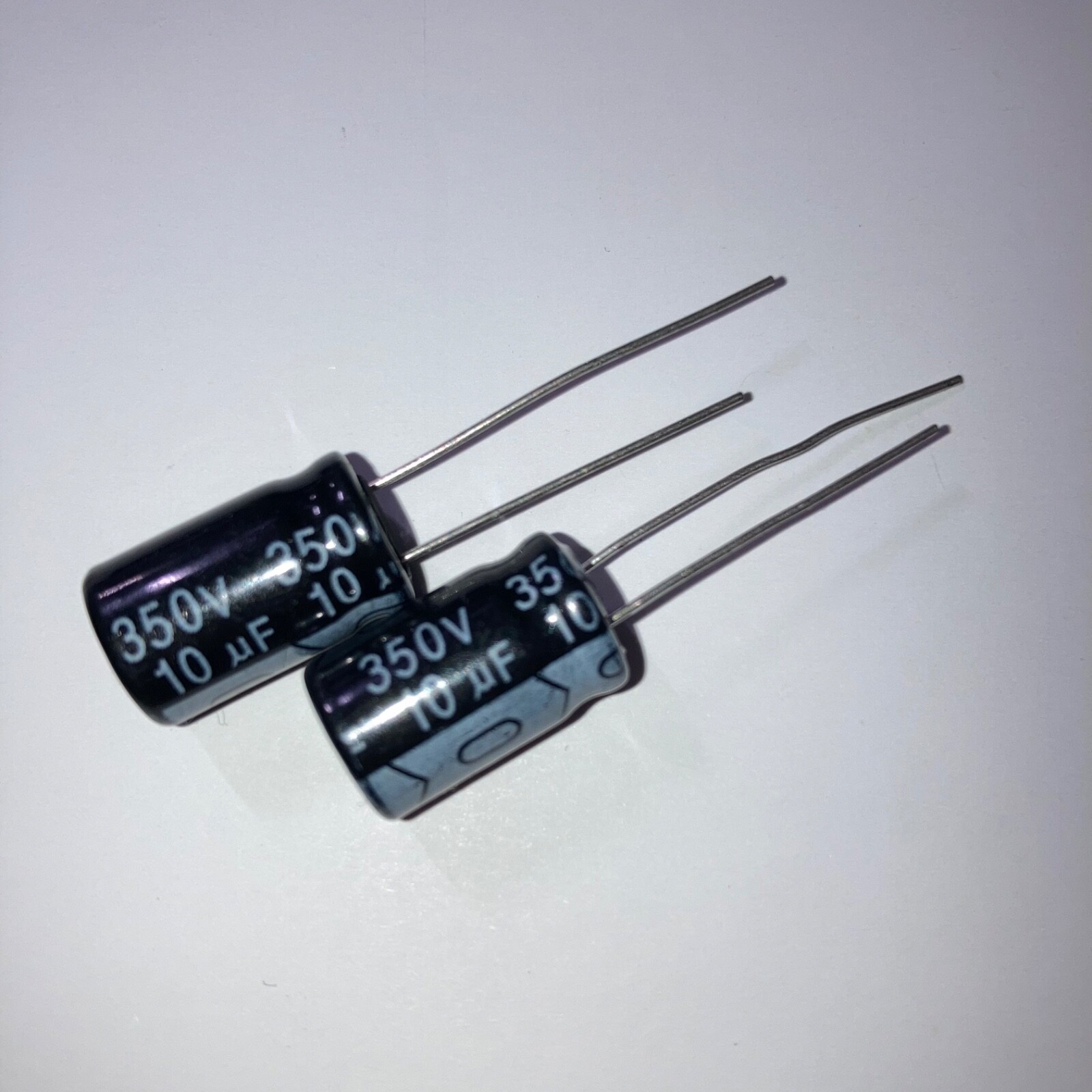 new price electrolytic capacitor, 10 uF @ 350V, 10mm x 20mm (2 Pieces)
